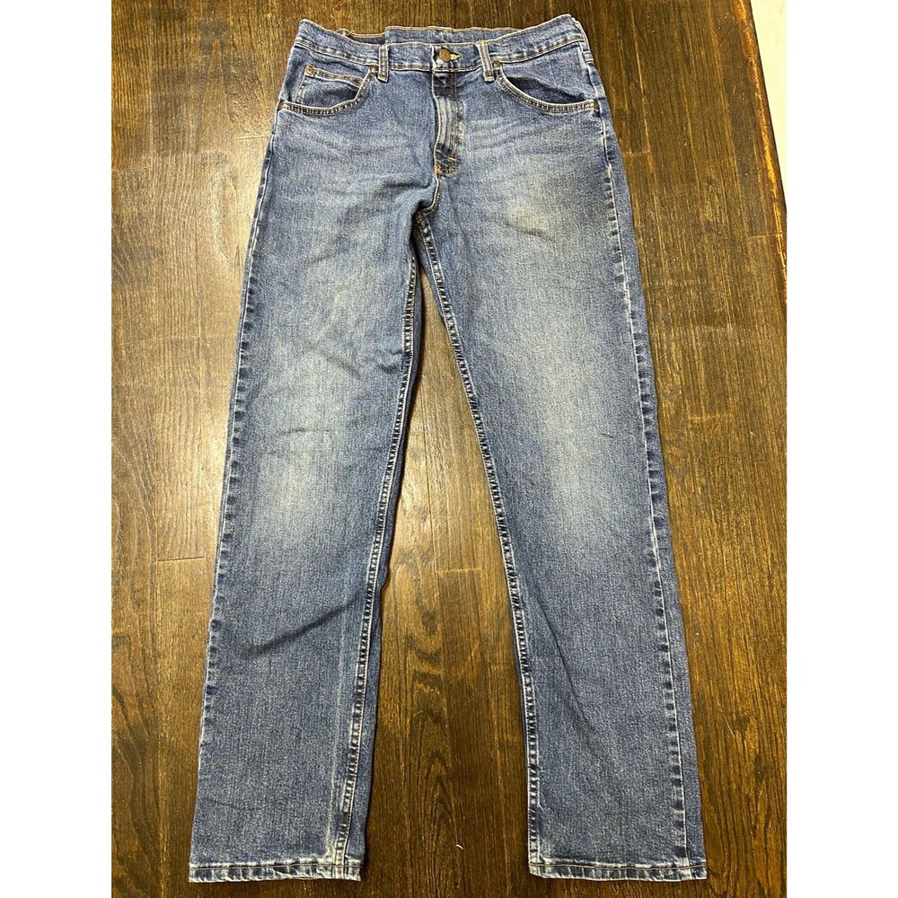 Wrangler Blue Denim Jeans Men's Straight Regular Fit Mid Rise 5-Pocket Stretch